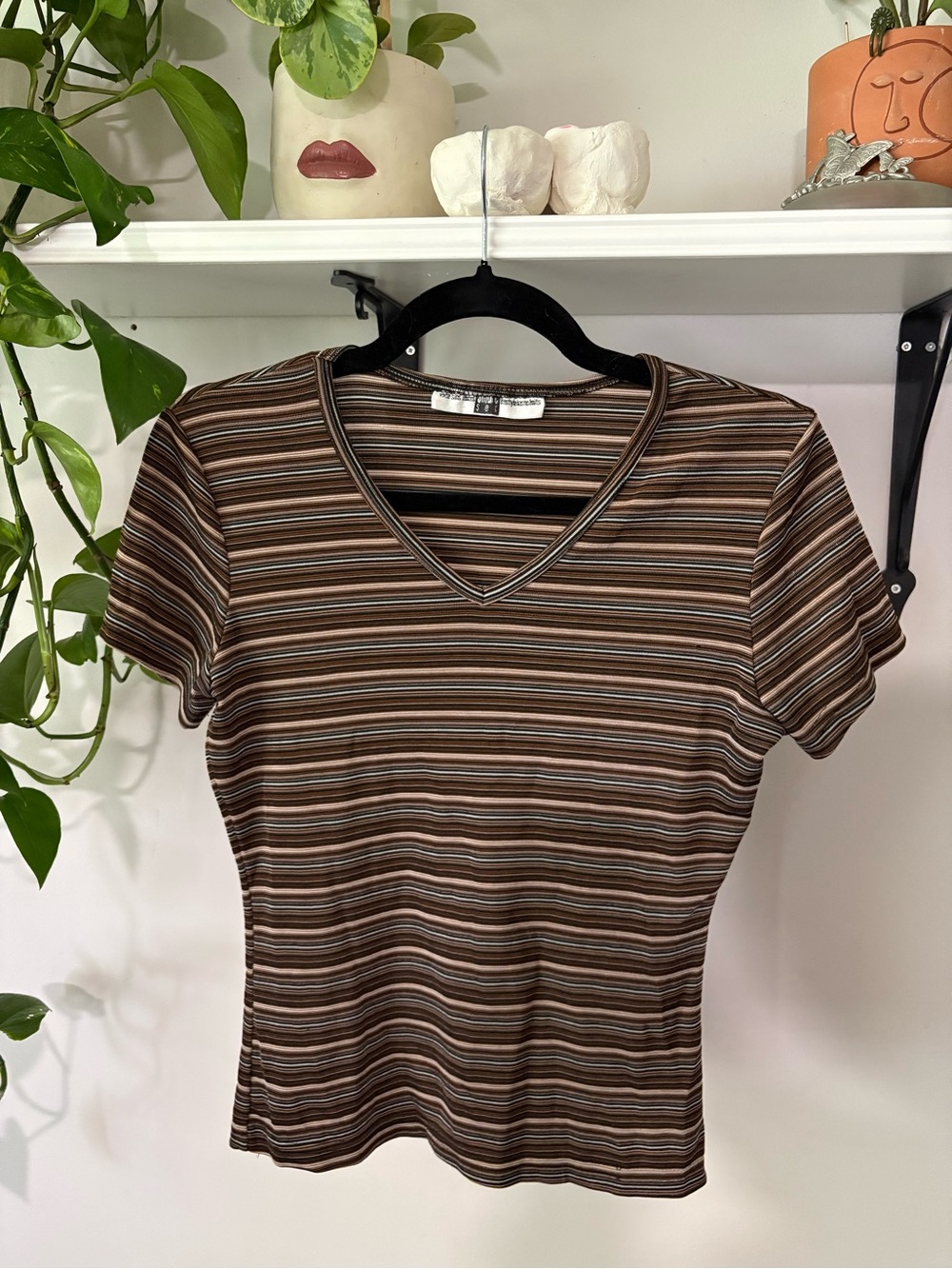 Women's Brown Striped V-Neck Tee